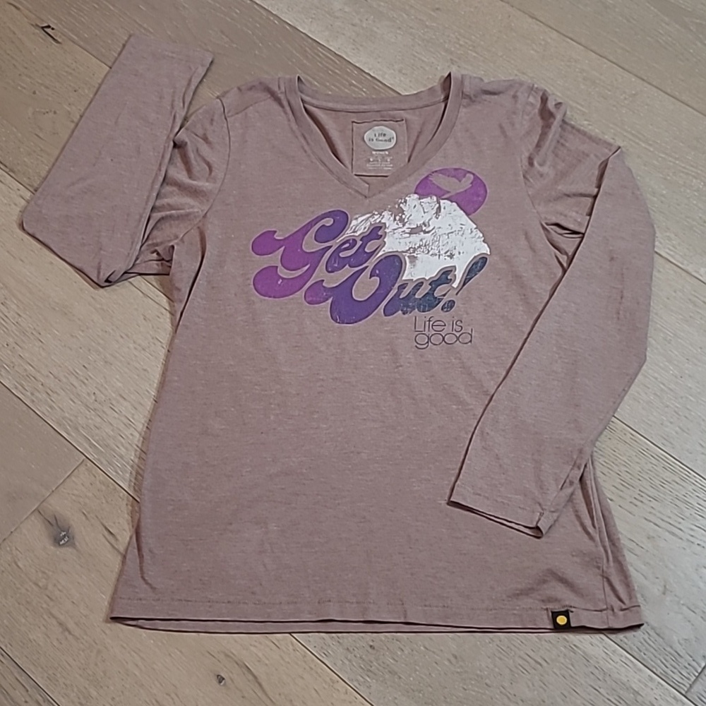 Life Is Good Shirt Women's sz Large Brown Long Sleeve V-neck T-Shirt